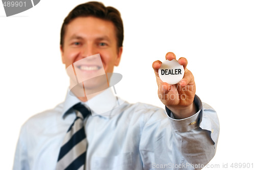 Image of Businessman holding a dealer sign,clipping path included