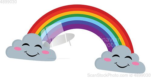 Image of Rainbow between two clouds, vector or color illustration.