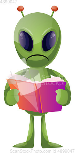 Image of Alien with book, illustration, vector on white background.