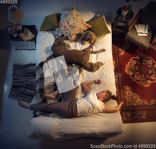 Image of Portrait of a woman, female breeder sleeping in the bed with her dog at home