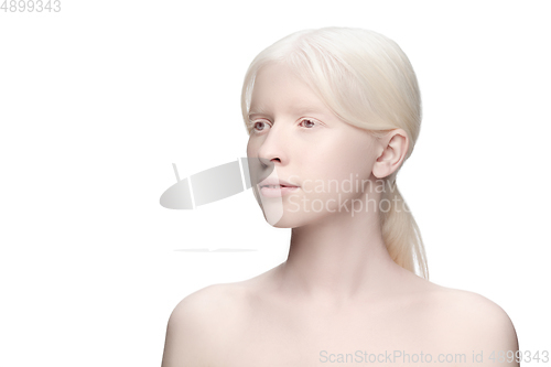 Image of Portrait of beautiful albino woman isolated on white studio background. Beauty, fashion, skincare, cosmetics concept.