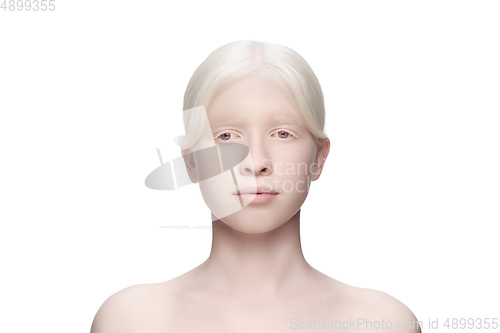 Image of Portrait of beautiful albino woman isolated on white studio background. Beauty, fashion, skincare, cosmetics concept.