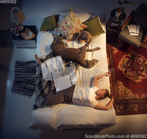 Image of Portrait of a woman, female breeder sleeping in the bed with her dog at home