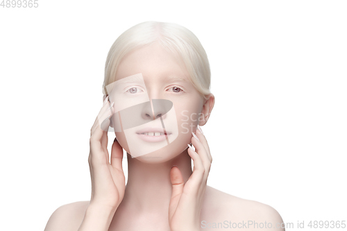 Image of Portrait of beautiful albino woman isolated on white studio background. Beauty, fashion, skincare, cosmetics concept.
