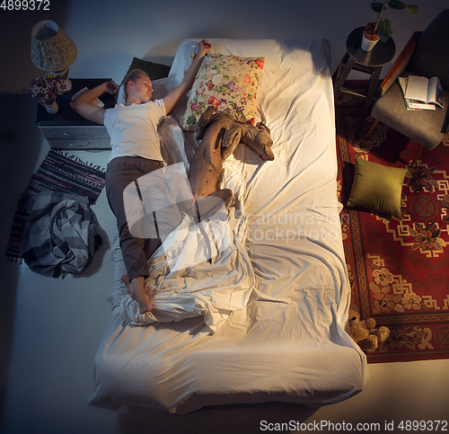 Image of Portrait of a woman, female breeder sleeping in the bed with her dog at home