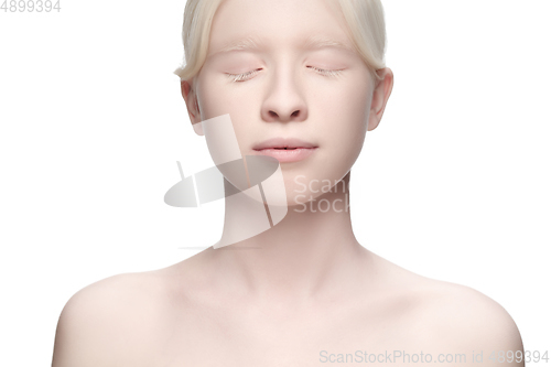 Image of Portrait of beautiful albino woman isolated on white studio background. Beauty, fashion, skincare, cosmetics concept.