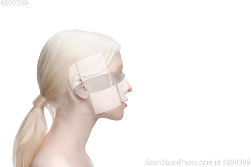 Image of Portrait of beautiful albino woman isolated on white studio background. Beauty, fashion, skincare, cosmetics concept.