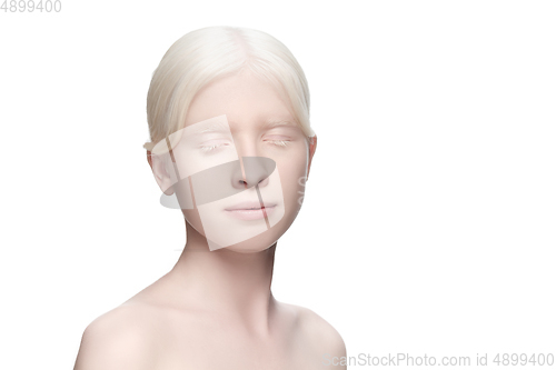 Image of Portrait of beautiful albino woman isolated on white studio background. Beauty, fashion, skincare, cosmetics concept.