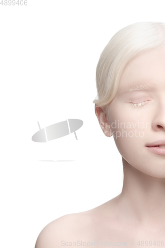 Image of Portrait of beautiful albino woman isolated on white studio background. Beauty, fashion, skincare, cosmetics concept.