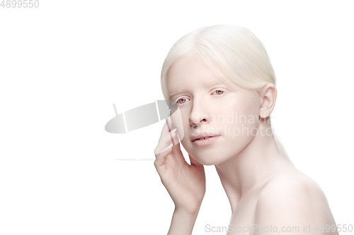 Image of Portrait of beautiful albino woman isolated on white studio background. Beauty, fashion, skincare, cosmetics concept.