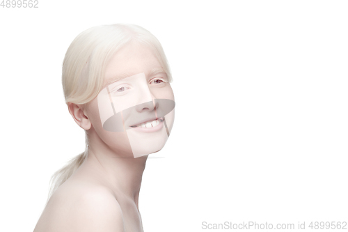 Image of Portrait of beautiful albino woman isolated on white studio background. Beauty, fashion, skincare, cosmetics concept.