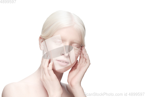 Image of Portrait of beautiful albino woman isolated on white studio background. Beauty, fashion, skincare, cosmetics concept.