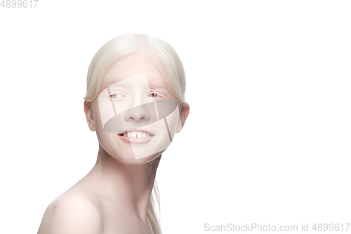 Image of Portrait of beautiful albino woman isolated on white studio background. Beauty, fashion, skincare, cosmetics concept.