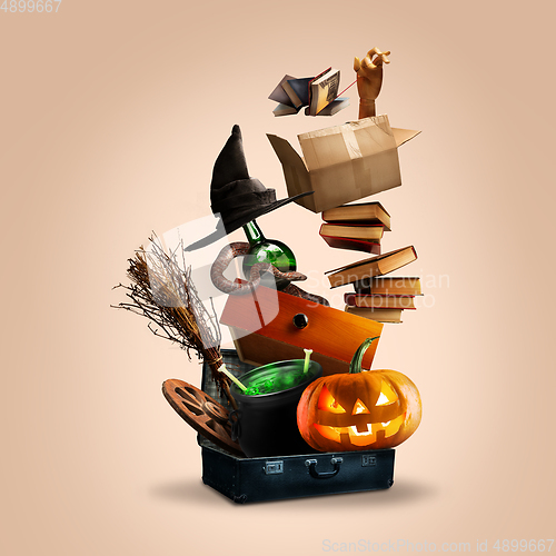 Image of Collage of halloween witches\' equipment on soft brown background, Saints\' Eve mood