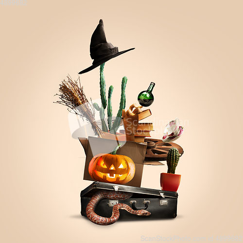 Image of Collage of halloween witches\' equipment on soft brown background, Saints\' Eve mood