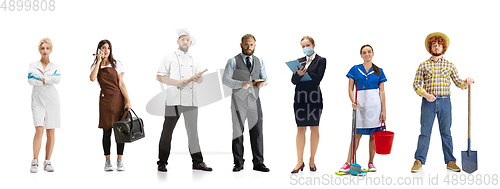 Image of Group of people with different professions isolated on white studio background, horizontal