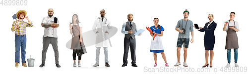 Image of Group of people with different professions isolated on white studio background, horizontal