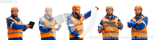 Image of Handsome contractor, builder isolated over white studio background