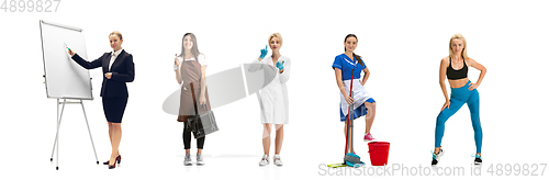 Image of Group of people with different professions isolated on white studio background, horizontal