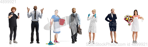 Image of Group of people with different professions isolated on white studio background, horizontal