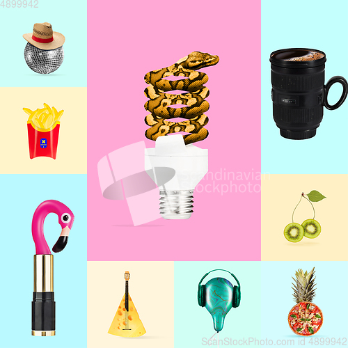 Image of Modern design. Contemporary art collage on multicolored trendy background