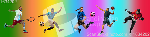 Image of Sport collage of professional athletes on gradient multicolored background, flyer