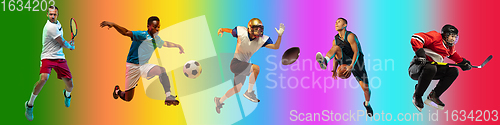 Image of Sport collage of professional athletes on gradient multicolored background, flyer