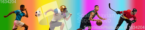 Image of Sport collage of professional athletes on gradient multicolored background, flyer