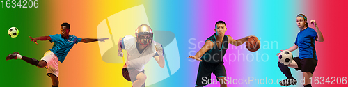 Image of Sport collage of professional athletes on gradient multicolored background, flyer