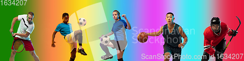 Image of Sport collage of professional athletes on gradient multicolored background, flyer