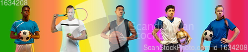 Image of Sport collage of professional athletes on gradient multicolored background, flyer