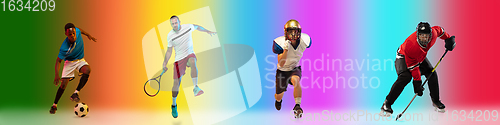 Image of Sport collage of professional athletes on gradient multicolored background, flyer