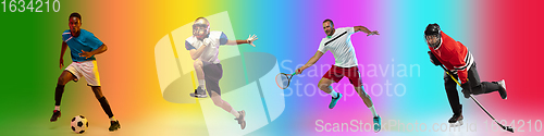 Image of Sport collage of professional athletes on gradient multicolored background, flyer