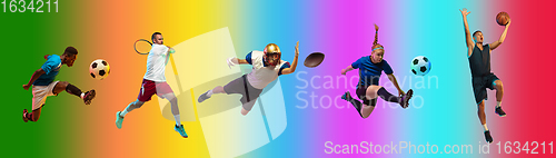 Image of Sport collage of professional athletes on gradient multicolored background, flyer