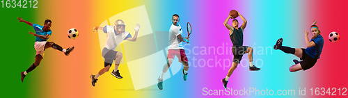 Image of Sport collage of professional athletes on gradient multicolored background, flyer