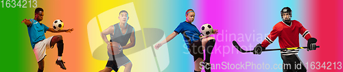 Image of Sport collage of professional athletes on gradient multicolored background, flyer