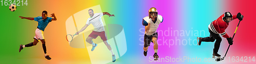 Image of Sport collage of professional athletes on gradient multicolored background, flyer