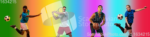 Image of Sport collage of professional athletes on gradient multicolored background, flyer