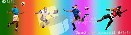 Image of Sport collage of professional athletes on gradient multicolored background, flyer