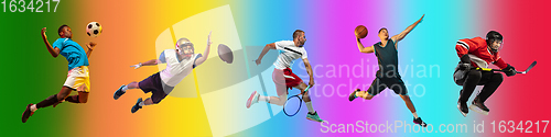 Image of Sport collage of professional athletes on gradient multicolored background, flyer