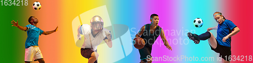 Image of Sport collage of professional athletes on gradient multicolored background, flyer