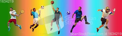 Image of Sport collage of professional athletes on gradient multicolored background, flyer