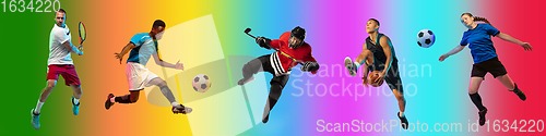 Image of Sport collage of professional athletes on gradient multicolored background, flyer