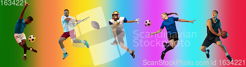 Image of Sport collage of professional athletes on gradient multicolored background, flyer