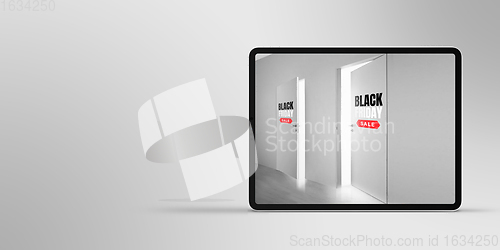 Image of Device with door opening to invite for shopping, black friday, sales concept. Flyer with copyspace