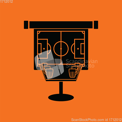 Image of Sport bar table with mugs of beer and football translation on pr