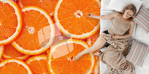 Image of Portrait of a young girl sleeping and dreaming about oranges