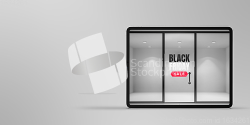 Image of Device with door opening to invite for shopping, black friday, sales concept. Flyer with copyspace