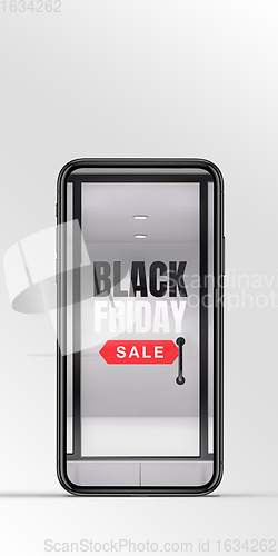 Image of Device with door opening to invite for shopping, black friday, sales concept. Flyer with copyspace