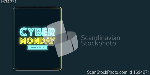 Image of Device with neon lettering, black friday, sales concept. Flyer with copyspace. Dark neoned background